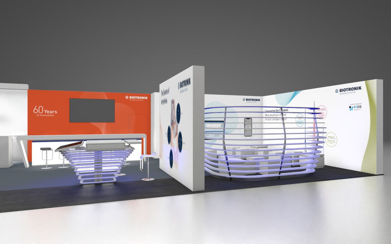3D visualisation of an exhibition stand for Biotronik with an orange back wall and curved, illuminated slats